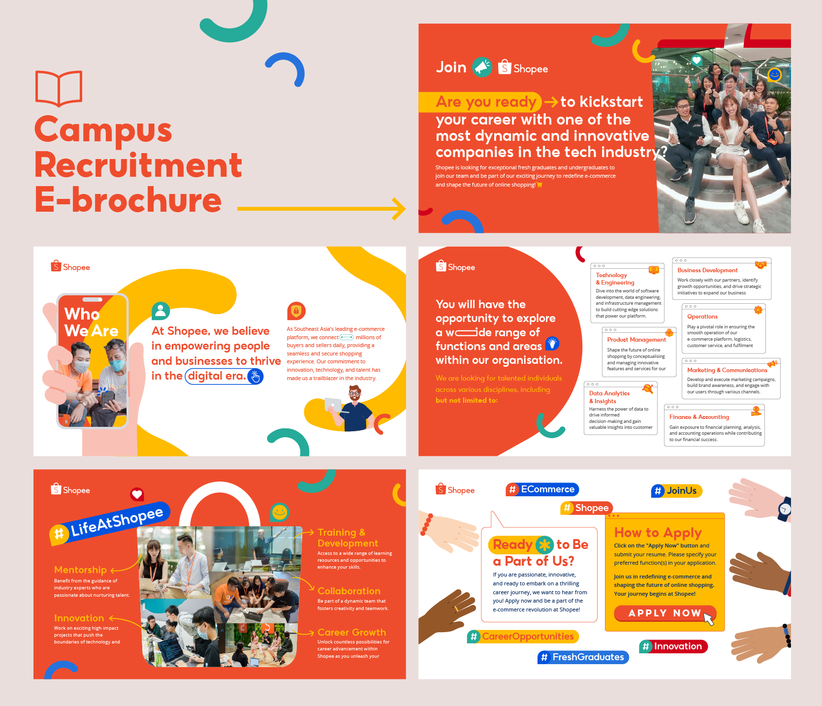 Shopee Campus Recruitment e-brochure spread — cover, who-we-are, opportunities, life at Shopee and how-to-apply pages